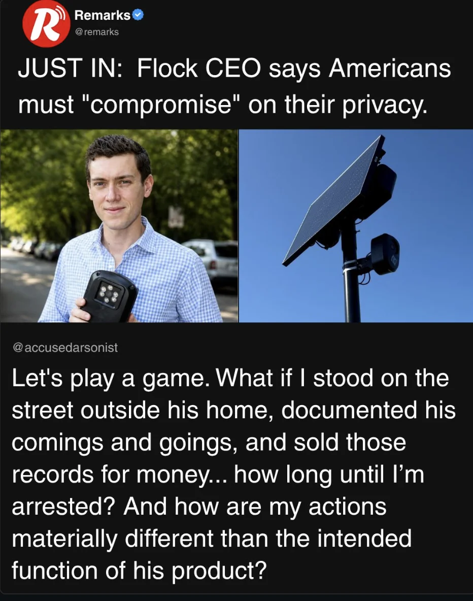 Flock CEO says, Americans must "compromise" on their privacy. Do you agree or disagree?