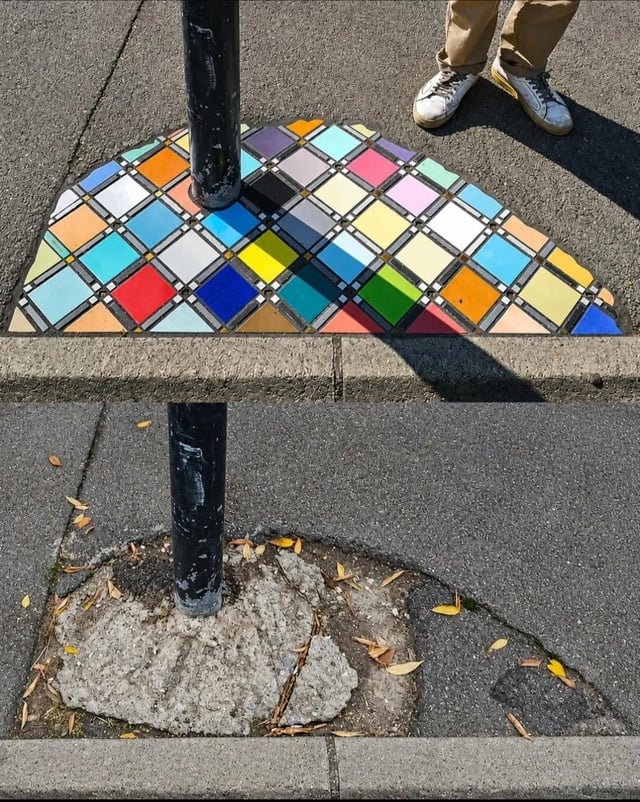 French street artist Ememem transforms cracks, potholes, and damaged pavement into colorful mosaic artworks